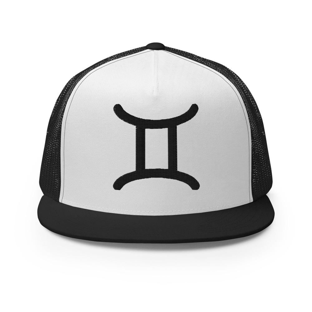 Gemini Zodiac Embroidered Flat Bill Trucker Hat - Black/White/Black Color - https://ascensionemporium.net